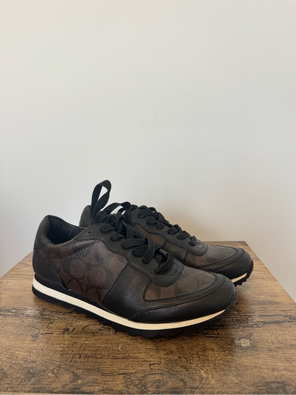 Coach Runner Sneakers Signature Jacquard Canvas Pattern Black Leather